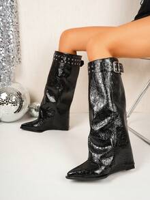 Women's Fashion Comfortable Pointed Toe Wedge Heel PU Decorative Buckle Elegant Slip-On Fashion Boots - Black - View 3