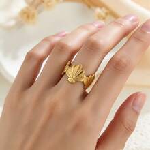 1pc Elegant 304 Stainless Steel Gold Shell Scallop Decor Adjustable Open Ring Suitable For Women Daily Beach Vacation Wear - Multicolor - View 3