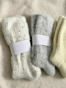 1/3/6 Pairs Solid Color Polka Dot Fuzzy Knitted Socks, Long/Mid-Calf Thermal Lined Warm Socks, Autumn/Winter Ins Style - Multicolor - View 10
