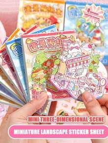 3pcs Mini Scene Stationery Stickers, Creative Sticker Book For Building Scenes, DIY Stickers For Books, Mini Sticker Book, Small Pattern Stickers, Laser Cut Stickers, Handmade Photo Album Supplies, Scrapbooking Material,Party Favors,Scrapbook Supplies - Multicolor - View 2