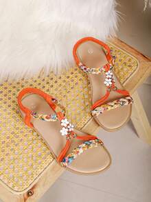 Women's Bohemian Floral Decor T-Strap Sandals, Colorful Woven Open Toe Elastic Back Strap Flat Sandals - Orange - View 2