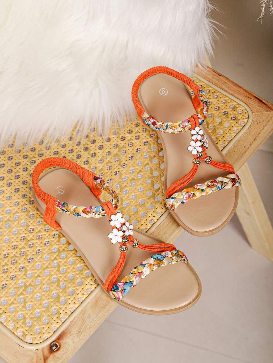 Women's Bohemian Floral Decor T-Strap Sandals, Colorful Woven Open Toe Elastic Back Strap Flat Sandals