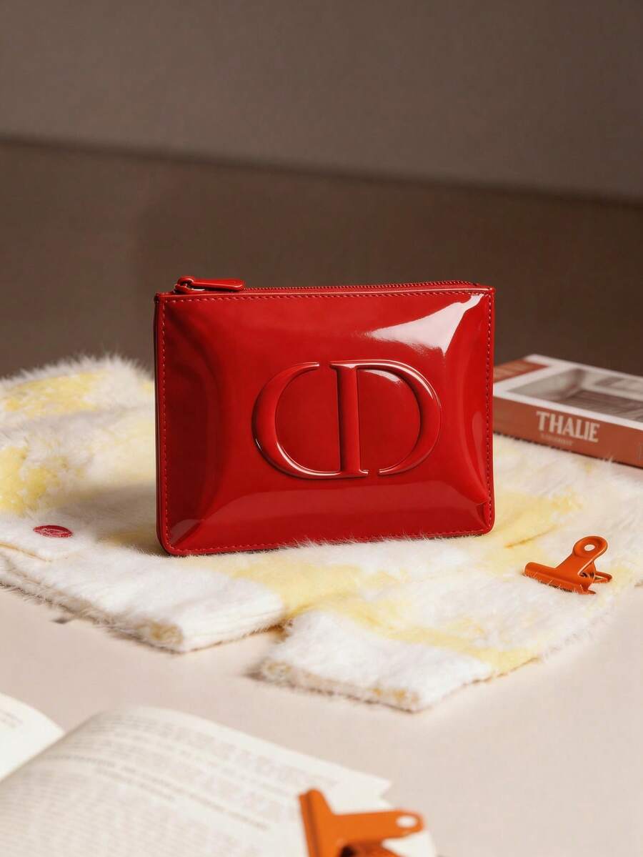 Dior Red Patent Leather CD Embossed Makeup Bag, Fashionable Bright Red Patent Leather Makeup Bag, Large Capacity CD Embossed Zipper Makeup Bag, Travel Toiletry Storage Bag, Daily Storage - Red Makeup Bag - View 1
