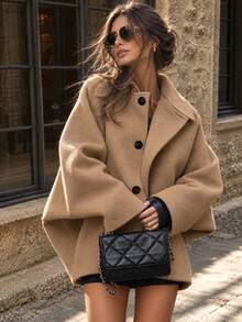 Vuslat Women's Autumn/Winter Elegant Camel Short Overcoat, Loose Batwing Sleeve Wool Jacket, Suitable For Daily Commute, Street Style, Store Visit, Christmas - Camel - View 2
