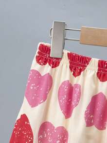 2pcs Women's 100% Cotton Pajama Set, Short Sleeve Top And Long Pants, Casual Heart Print Loungewear Set - Pink - View 8