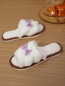 Purple Bow Open Toe Plush Slippers Women Autumn/Winter Indoor Warm Fuzzy Slippers - Purple - View 4
