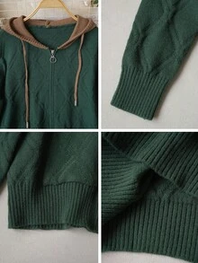 Women's Colorblock Hooded Zip-Up Knit Cardigan, New Autumn/Winter Style, Dark Green Argyle Jacquard Fabric With Brown Hood Trim And Drawstring, Round Ring Zipper + Dual Side Pockets Design, Ribbed Hem, Loose Casual Fit For Daily Wear, Outings And Commuting - Dark Green - View 7