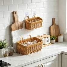 Woven Storage Basket, Faux Rattan Rectangular Basket With Handle, Wall-Mounted Wicker Organizer For Kitchen, Bathroom And Bedroom, Multi-Functional Decorative Basket For Pantry Items, Towels, Snacks, Plants And Home Decor, Non Food Contact - View 5