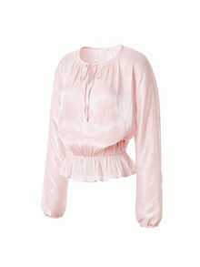 Pink Metallic Satin Pleated Blouse For Women Tie Keyhole Neck Lantern Sleeve Peplum Waist Elegant Work Date Flowy Top - Baby Pink - View 4