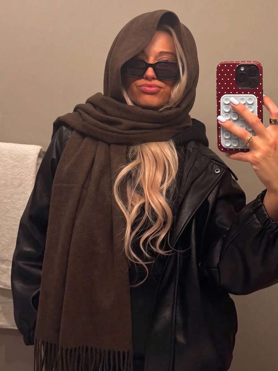 1件女款極簡純色巧克力棕常規款仿羊絨披肩圍巾，帕什米納流蘇圍巾，秋季裝飾，秋季學院風披肩，適合季節過渡，日常穿著，防風保暖，新年禮物