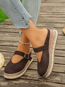 Women's Fashion Round Toe Buckle Black Half Slip-On Retro Style Spring Summer New Daily Wear Chocolate Brown Versatile Thick Sole Slippers Shoes - Chocolate Brown Velvet - View 4