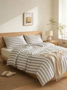 Haus Hana 3pcs 100% Polyester Vintage Boho Style Ins Minimalist Stripe Printed Duvet Cover Set, 2 Pillowcases + 1 Duvet Cover (No Fitted Sheet, No Inner Core), All-Season Available, Machine Washable - Blue Stripe - View 1