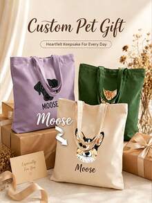 Personalized Pet Photo And Name Tote Bag, Large Capacity Shoulder Bag, Customizable Foldable Personalized Tote Bag Featured With Name Logo Text, Available In Various Colors, Solid Color Large Capacity Shoulder Bag, Suitable For Work, Travel And School, Suitable For Holidays. Ideal Gift For Birthday, Anniversary And Valentine's Day. - Multicolor - View 4