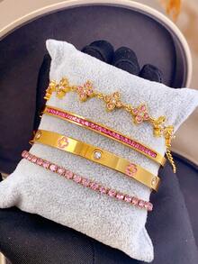 4Pcs/1pc Women Gold Tone Stackable Bracelet Set, Pink Cubic Zirconia Clover Chain & Bangle Set, Elegant Daily Party Wrist Jewelry Christmas Gifts - Yellow Gold - View 3