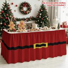"Commodity" 1pc Christmas Table Skirt, Red Background With Black Belt And Gold Buckle Pattern Table Skirt, Suitable For Kitchen Table Decoration, Restaurant Layout, Picnic Camping Scene, Party Atmosphere To Create A Table Skirt. - 1 - View 3
