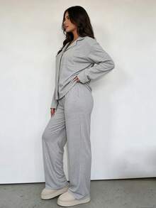Plus Size Women Casual Shirt 2 Pieces Set,Solid Color Loose Long Sleeve Top And Straight Leg Pants, Spring Autumn Winter Soft Comfortable Elegant Set - Light Grey - View 6