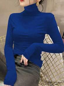 Atasan Dalaman Wanita Kerah Tinggi Model Turtleneck, Gaya Baru 2024, Atasan Tipis Hitam Lengan Panjang, Musim Semi, Gugur, dan Dingin - Biru Pelangi - View 4