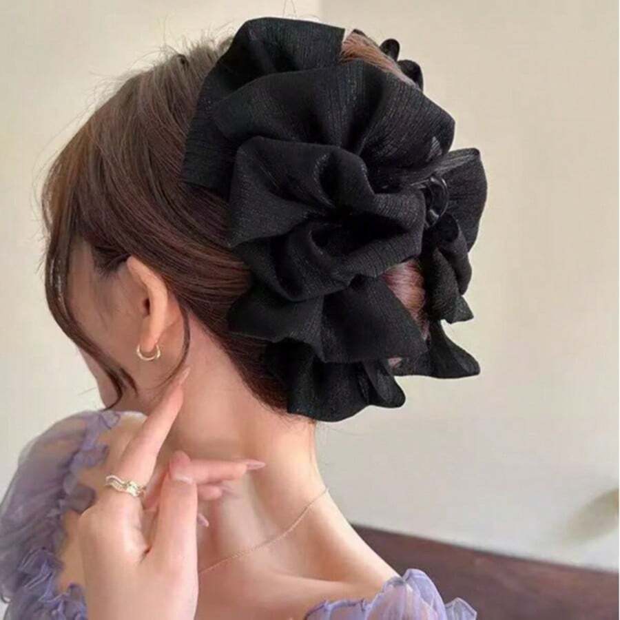 1pc Mesh Bow Hair Claw Clip, Autumn/Winter Hair Claw Head Accessory With Cloud Pleated Bow For Back Of Head - Multicolor - View 1