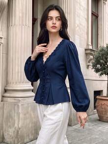 Fall Women Lace Trim V‑Neck Peplum Blouse, Puff Long Sleeve Button Front Tie‑Back Fitted Top - Navy Blue - View 8