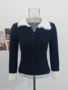 Korean Style Soft Sexy Aesthetic Patchwork Faux Fur Collar Cable Knit Contrast Color Sweater Women Autumn Winter Inner Layer Base Layer Slim Fit Elegant Top - Navy Blue - View 6