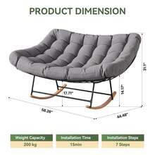 Aoxun Oversized Garden Rocking Chair With Cushion And Heavy-Duty Metal Frame For Patio,Balcony And Garden, Grey - Grey - View 2