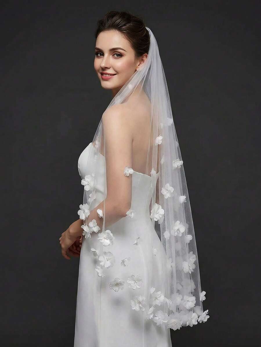 Single Tier Mid-Length Veil With 3D Pearl Flowers, Handmade Fabric Floral Bridal Wedding Veil