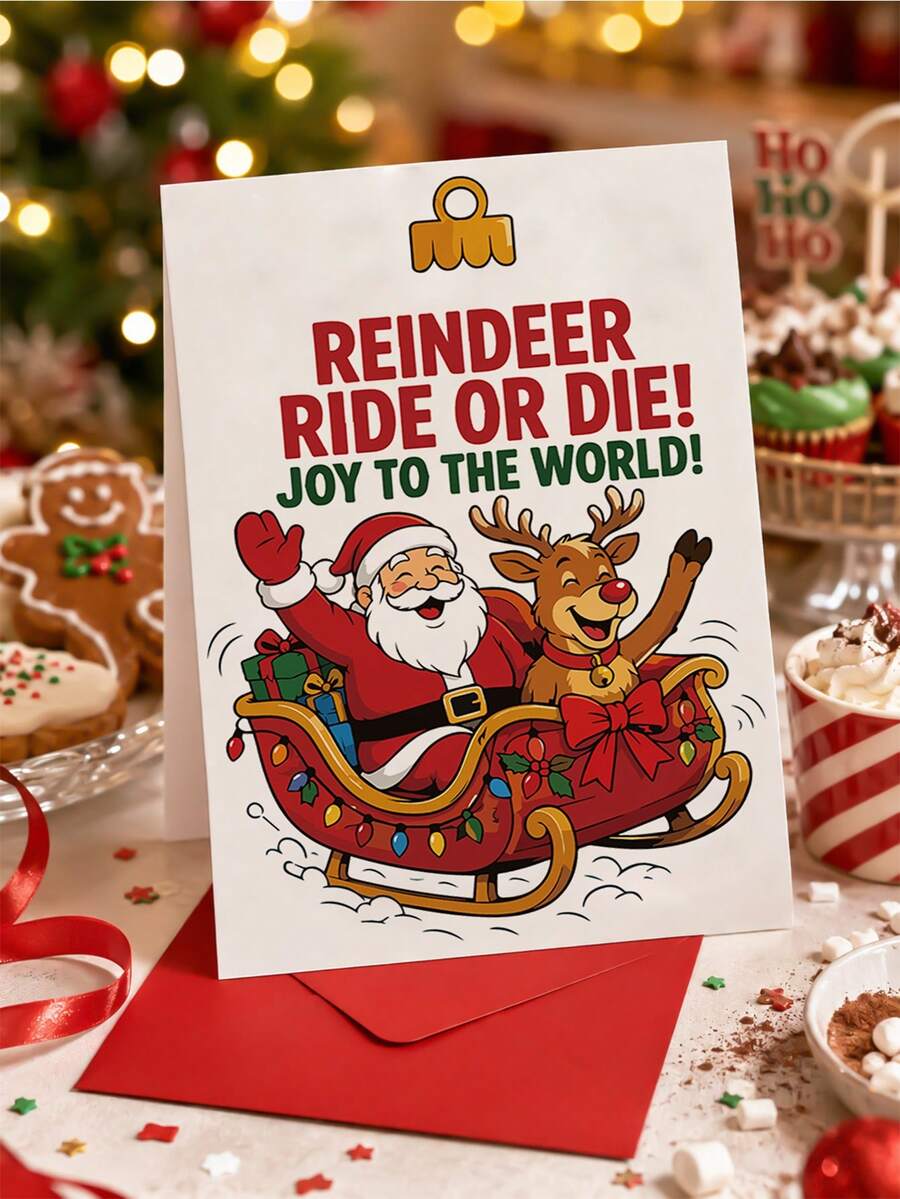 1pc "Reindeer Ride Or Die! Joy To The World!" Christmas Greeting Card Set, Santa & Reindeer Sleigh Illustration With Red Envelope For Best Friends, Family, Coworkers & Holiday Celebrations - Fun Reindeer - View 1