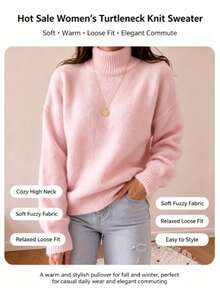 Plus Size Ladies Fall Winter Soft Fuzzy Turtleneck Pullover Top, Loose Knitwear, Slimming Cover Fat For Daily & Commuter Wear - Pink - View 2