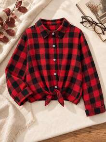 Young Girl Casual Holiday Style Red & Black Plaid Tie Front Long Sleeve Shirt - Red and Black - View 2
