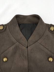Women's Stand Collar Double Breasted Jacket, Shoulder Epaulette Decor Long Sleeve Slim Fit Vintage Coat - Brown - View 8