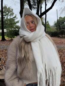 1pc Elegant Women's Knitted Scarf With Fringe - Comfortable, Windproof And Warm For Fall And Winter | Ideal Holiday Gift - White - View 6