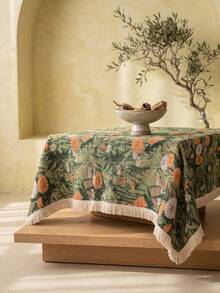 1pc Green Background Vintage Autumn Dandelion Jacquard Tablecloth, Natural Rustic Style Jacquard Fabric Square Beige Tassel Edge Detail Stain-Resistant Protective Desktop Functional Home Dining Table Cloth Suitable For Daily Home Use And Natural Table Setting Scenes - Green - View 7
