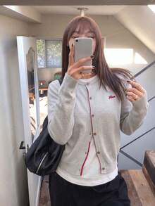 Autumn Casual Versatile Letter Embroidered Cardigan - Grey - View 3