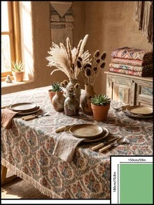 1pc Beige Background Blue Red Green Vintage Paisley Floral Pattern Tablecloth, Retro Bohemian Style Woven Fabric Material, Rectangular Beige Tassel Edge Detail, Stain-Resistant Protective And Decorative Function For Home Dining Table, Suitable For Bohemian Dining Table Decor And Daily Home Scenes - Khaki - View 12