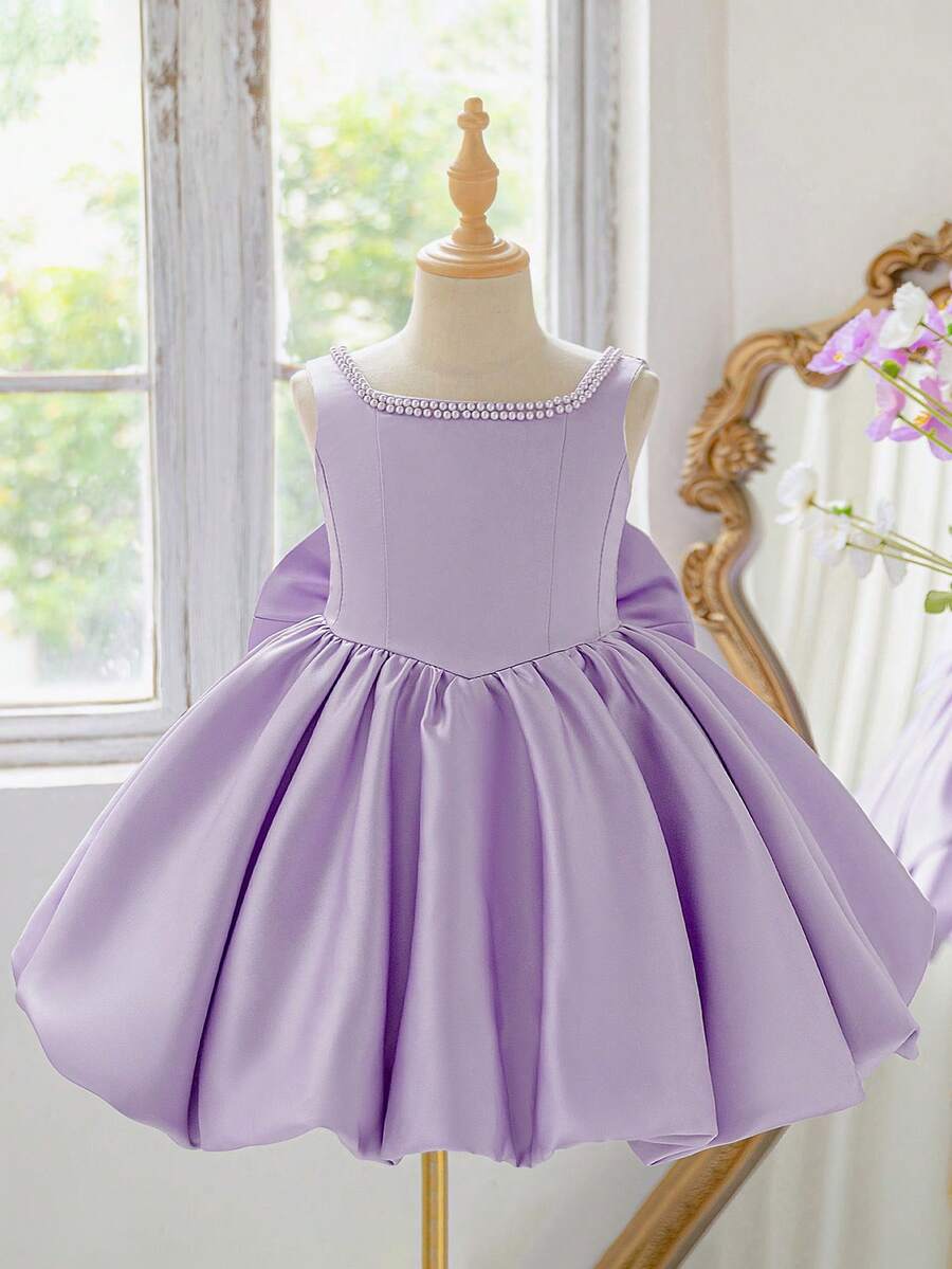 Gaun Anak Perempuan Mewah Model Putri dengan Hiasan Mutiara Imitasi dan Pita Satin, Cocok untuk Pesta, Bando Tidak Termasuk - Mauve Purple - View 1