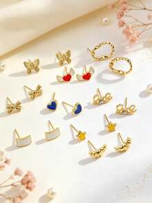 14/21 Pairs Cute Enamel Stud Earrings Set, Gold Butterfly Heart Flower Star Cherry Design, Daily Wear Stackable Earrings Gift For Women And Girls - Exquisite Stud Earrings - View 7