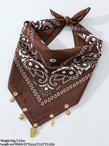 1pc Summer Women's Fashion Paisley Print Pattern Headscarf Square Scarf, With Sun Tropical Fish Sea Turtle Heart Pendant Decoration, Suitable For Beach Seaside Daily Versatile - Brown - View 4