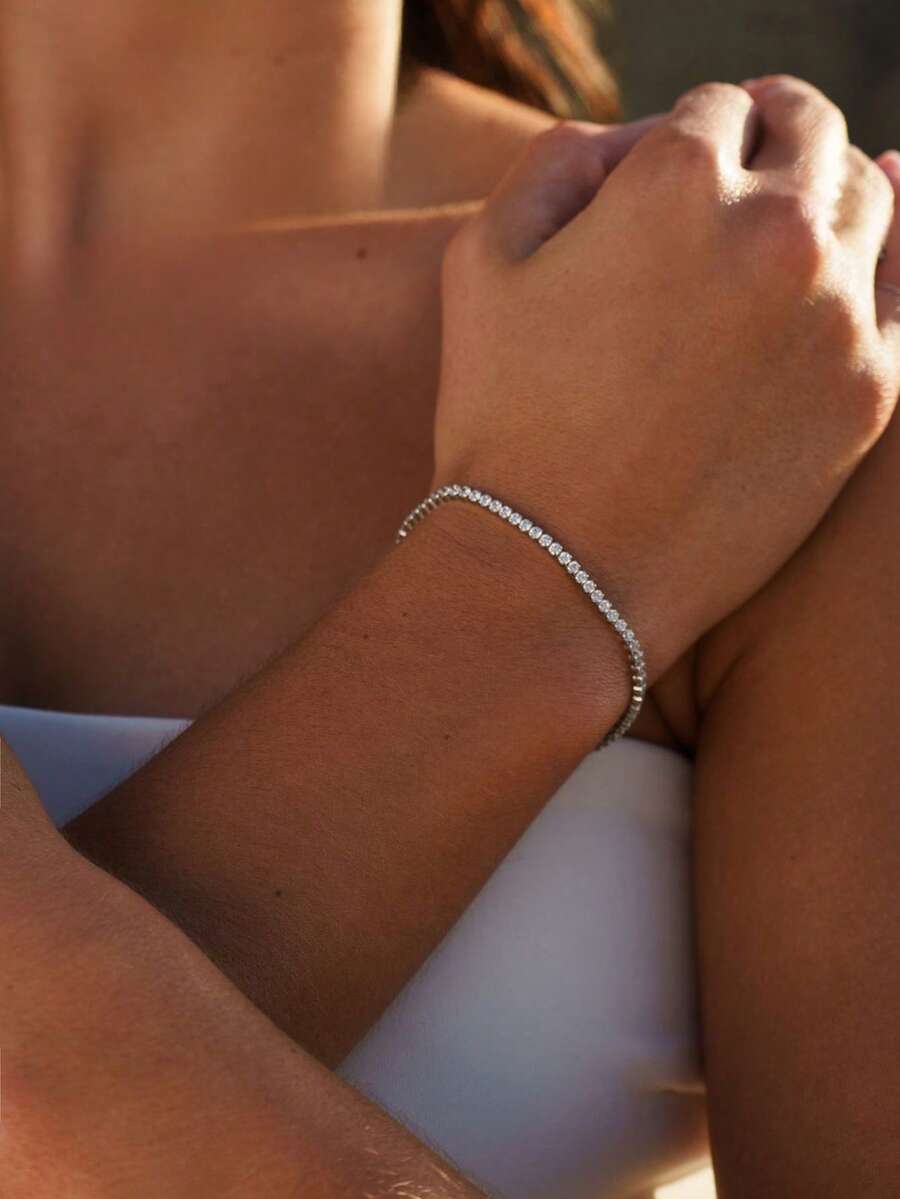 1pc Women's Bracelet Minimalist Layered Style BlingBling Shiny Copper Inlaid Zirconia Tennis Bracelet Daily Accessory Gift - Silver - View 1