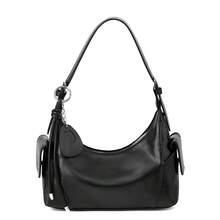 Women Vintage Crescent Hobo Shoulder Bag, Side Pockets Metal Chain Charm Pendant Solid Brown Retro Daily Underarm Purse - Multi-color - View 7