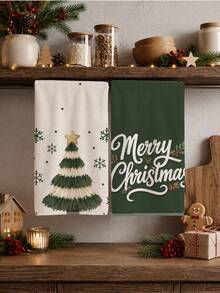 2件組聖誕綠色聖誕樹歡樂聖誕圖案廚房抹布，柔軟聚酯纖維材質洗碗布，適用於廚房裝飾、廚房清潔、節日派對裝飾、廚房浴室用品居家必需品、家居裝飾、喬遷禮物 - 彩色 - 查看 2