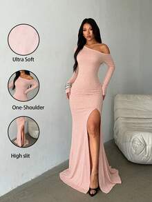 秋季洋裝，粉色情人節不對稱單肩亮片高開衩長禮服，優雅女款晚禮服，亮片派對洋裝，夏季 - 粉色 - 查看 4