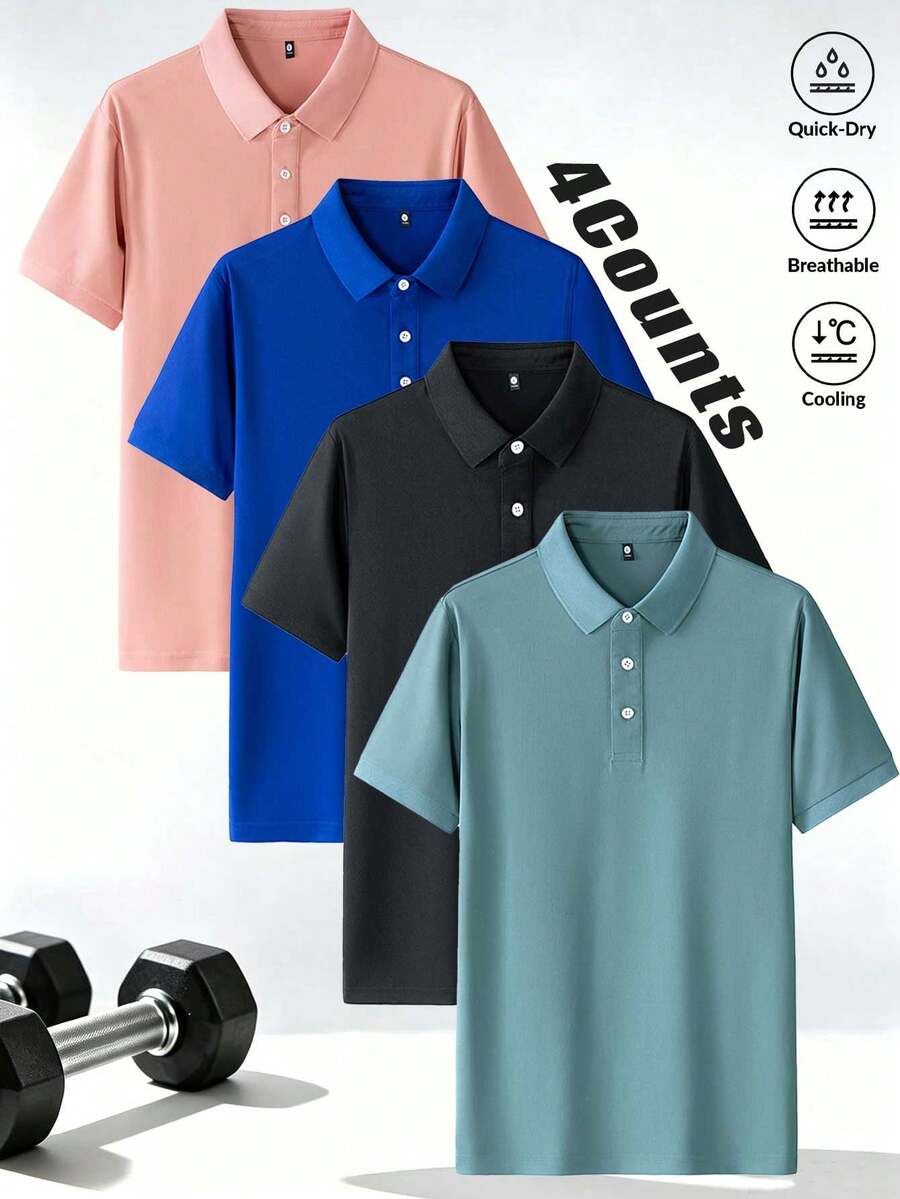 4件裝男士輕量 Polo 衫 - 時尚舒適休閒 T-shirt - 彩色 - 查看 1