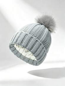 1pc Satin Lined Pom Pom Knit Beanie Hat, Thickened Warm Woolen Cap For Autumn/Winter, Anti-Frizz Versatile Cold Weather Hat - Pom-pom Style - View 9