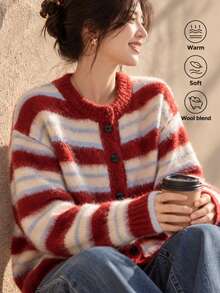 Áo cardigan len dệt kim kẻ sọc phong cách retro thường ngày cho nữ, thiết kế tối giản, phù hợp cho mùa thu/đông - Đỏ và trắng - Xem 1