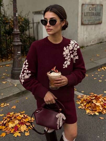 Senya 2026 Autumn Women's Burgundy Floral Embroidered Sweater, Loose Round Neck Knit Pullover, Vintage Preppy Y2K Street Style, Comfortable Long Sleeve Autumn Top