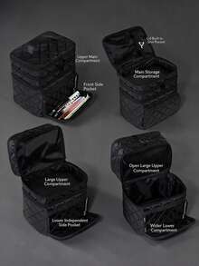 1pc Black Large Capacity 3-Layer Makeup Bag, Multi-Compartment Design Handheld Storage Bag, Multi-Functional Toiletry Bag, Suitable For Daily Use And Travel - Black - View 5