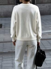NOVELLE Women Chic White Fall Knit Cardigan, Frog Button Long Sleeve Crew Neck Cropped Sweater Coat, Casual Daily Street Outfit - White - View 5