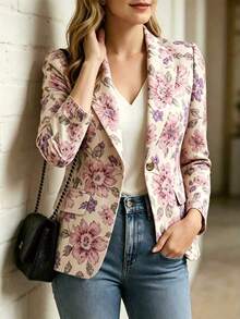 Áo blazer nữ dáng ôm không lót họa tiết in, tay dài, phong cách thanh lịch, phù hợp mặc mùa thu - màu hồng tím - Xem 3