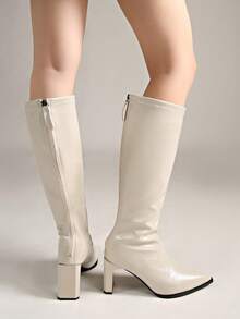 Women's Plus Size Beige Pointed Toe Knee-High Boots, Back Zipper Slim Fit Tall Boots, Chunky Square Heel Glossy Solid Color Upper, Suitable For Daily, Date, Party, Autumn/Winter Outfits - Off White - View 4