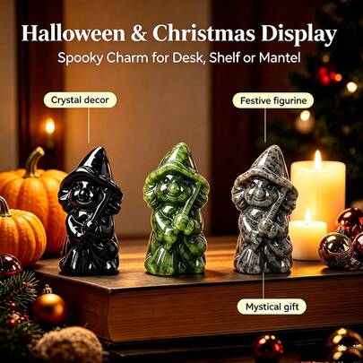 1PC Hand-Carved Natural Green Jade & Obsidian Witch Statue, Reiki Energy Healing Crystal Figurine, Feng Shui Tabletop Home Decor, Halloween Christmas